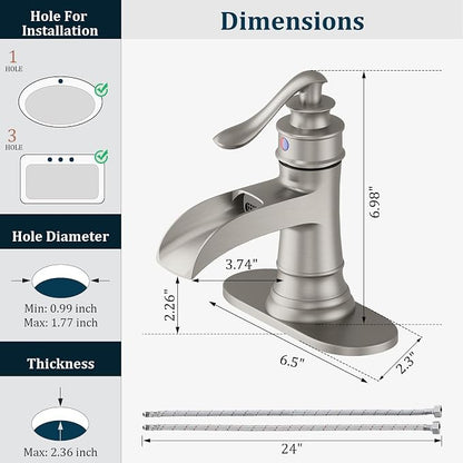 Brushed Nickel Waterfall Bathroom Faucet Single Handle Bathroom Sink Faucet | 1 Hole or 3 Hole Sink Brass Waterfall Faucet for Vintage Antique Lavatory Washroom with Pop Up Drain Deck Plate by BATHLAVISH