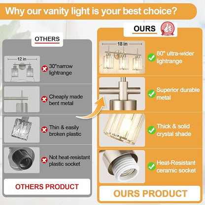 3-Light Bathroom Vanity Light Fixture, Brushed Nickel Bathroom Light with K9 Clear Crystal Shades, Modern Wall Sconce Lighting for Bathroom Mirror, Bedroom, Hallway