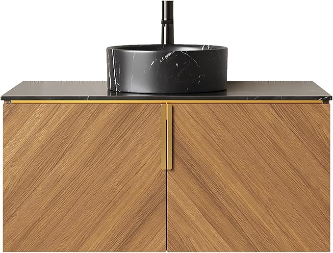 36 Inch Bathroom Vanity with Sink Combo, Floating Vanity Bathroom with Vessel Sink, Modern Bathroom Vanity Cabinet with Doors, Sintered Stone Countertop and Black Round Basin,Brown Oak