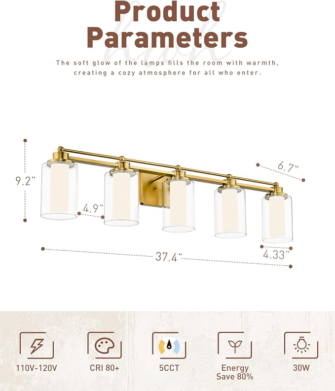 HWH 5-Light Vanity Light, Brushed Gold, Clear Glass, 30W, 5HLT63B-5W-LED BG | Dimmable, 5CCT, Modern, Bathroom Light Fixtures Vanity Lights Over Mirror, Vanity Lights for Bathroom, For Dressing Table