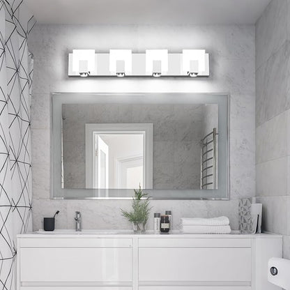 SOLFART Bathroom Light Fixtures Over Mirror Chrome Dimmable LED Vanity Lights 4 Lights Stainless Steel Acrylic Shade