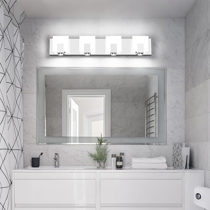 SOLFART Bathroom Vanity Light Chrome Stainless Steel Acrylic LED Bathroom Light Fixtures Over Mirror 4 Lights ND