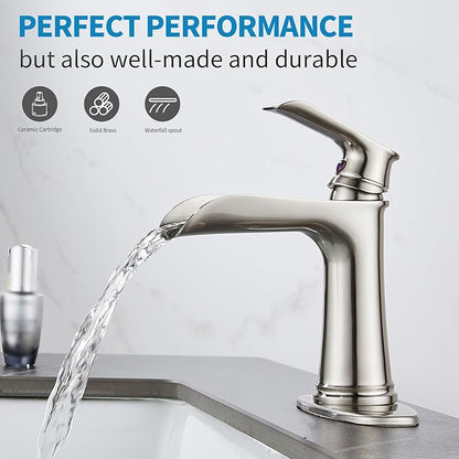 Brushed Nickel Bathroom Sink Faucet, Sanliv Single Handle Centerset Bathroom Faucet with Pop-Up Drain & Deck Plate for 1 or 3-Hole (4 inch), Brushed Nickel Waterfall Vanity Faucet