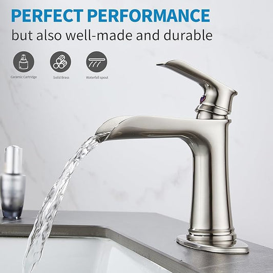 Brushed Nickel Bathroom Sink Faucet, Sanliv Single Handle Centerset Bathroom Faucet with Pop-Up Drain & Deck Plate for 1 or 3-Hole (4 inch), Brushed Nickel Waterfall Vanity Faucet