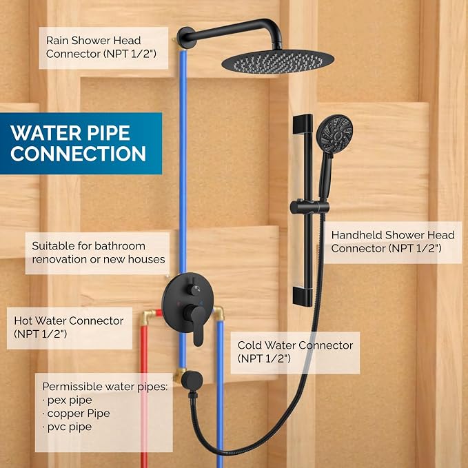 gotonovo Slide Bar Shower System Faucet Set Complete,Matte Black,10 Inch | Rain Round Shower Head with 6-Modes Handheld Spray,Valve and Trim Kit Included,Bathroom Wall Mount,All Metal,2-In-1 Diverter