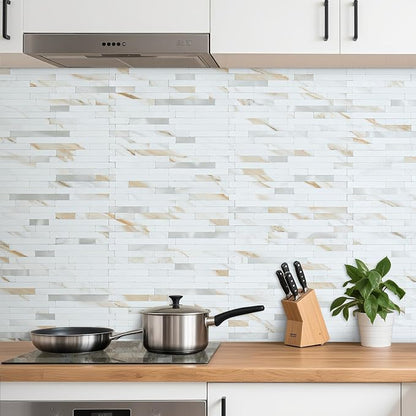 AULIGET 20 Sheets Calacatta Gold Peel and Stick Backsplash, PVC Mixed Metal Silver Wall Tile Stick on Backsplash for Kitchen and Bathroom