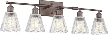 HWH Rustic Bathroom Light Fixture, Clear Floral Glass, 5HJX110B-5W ORB | Oil-Rubbed Bronze Finish, 34 Inch Bathroom Vanity Light Over Mirror, Vanity Lights for Bedroom, Sized At 34 In Fixture Size