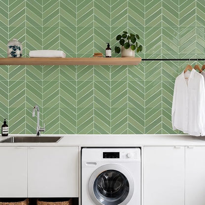 STICKGOO Herringbone Peel and Stick Backsplash, Olive Green, 10 Sheets | 12.6 x 9.7 in, Thicker Rectangular Vinyl Stick-On Wall Tiles, Easy Alignment, Waterproof, Easy to Clean, Kitchen/Bathroom