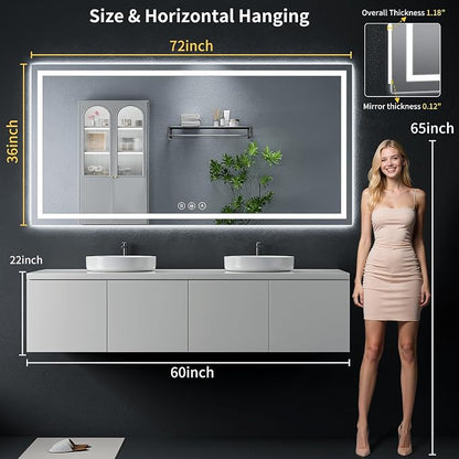 72"x36" LED Bathroom Mirror with Lights, Backlit+Frontlit, Anti-Fog | CRI 95, Stepless Dimmable, 3 Colors Lighting, Shatterproof Tempered Glass, HD Reflection, Memory, (Horizontal/Vertical)