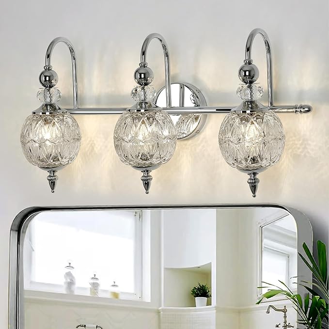 Modern Bathroom Light Fixtures Polished Chrome Vanity Light with Glass Globe LampShade 3 Lights Mid Century G9 Bulb Wall Sconce Indoor Vanity Light Over Mirror for Bedroom Kitchen Hallway