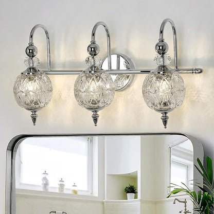 Modern Bathroom Light Fixtures Polished Chrome Vanity Light with Glass Globe LampShade 3 Lights Mid Century G9 Bulb Wall Sconce Indoor Vanity Light Over Mirror for Bedroom Kitchen Hallway
