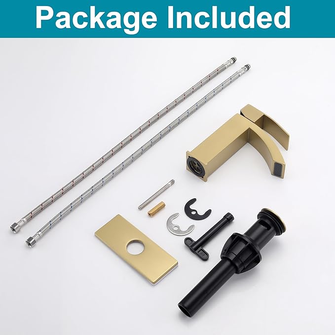Gold Bathroom Faucet, Waterfall Bathroom Sink Faucet with cUPC Supply Hose and Pop Up Drain, Single Handle Single Hole Modern Faucet for Bathroom Vanity