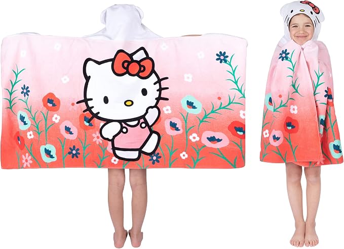 Hello Kitty Bath/Pool/Beach Soft Cotton Terry Hooded Towel Wrap, 24 in x 50 in, By Franco Kids