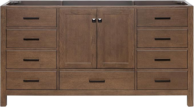 ARIEL Cambridge 66-inch Bathroom Vanity Base Cabinet,Solid Wood, 2 Soft Closing Doors, 9 Dovetail Drawers, Brown Oak