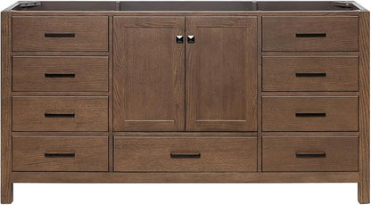 ARIEL Cambridge 66-inch Bathroom Vanity Base Cabinet,Solid Wood, 2 Soft Closing Doors, 9 Dovetail Drawers, Brown Oak