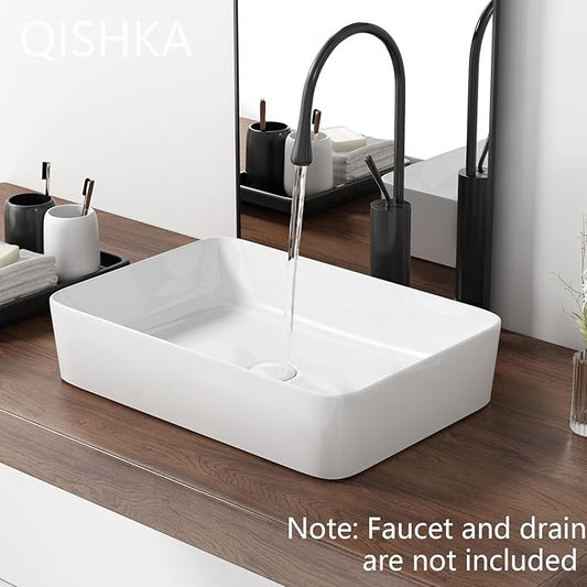 20 Inch Rectangular Bathroom Sink Above Counter, QISHKA White Ceramic Vanity Vessel Sink - 20" x 13.5" Countertop Rectangle Hand Wash Sink Porcelain Art Basin