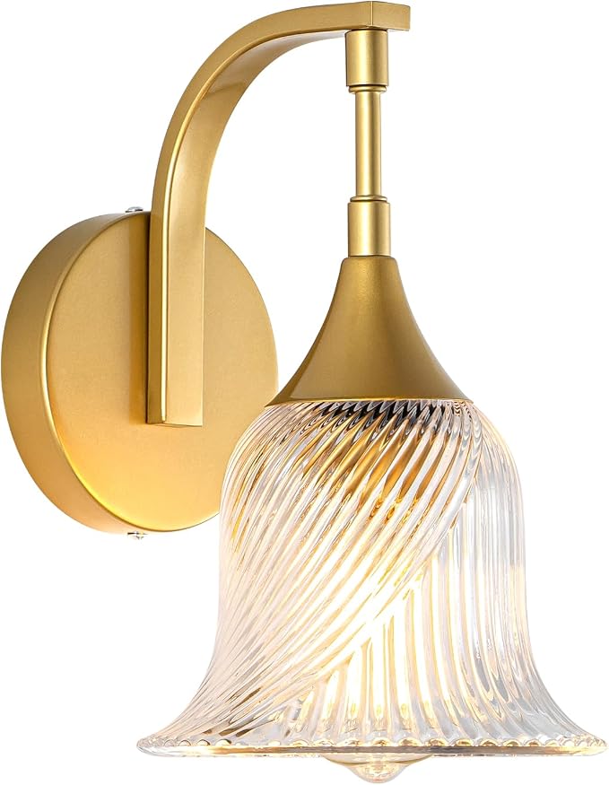 1-Light Gold Wall Sconce, Modern Brass Bathroom Sconces | with Textured Glass Shade, Vintage Wall Lamp for Dining Living Room Bedroom Bathroom Hallway Mirror, E26