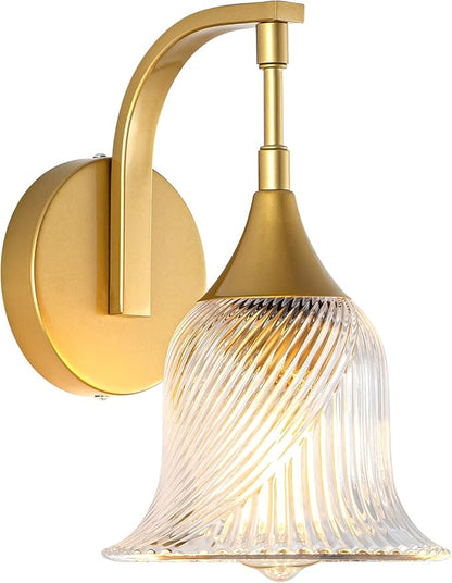 1-Light Gold Wall Sconce, Modern Brass Bathroom Sconces | with Textured Glass Shade, Vintage Wall Lamp for Dining Living Room Bedroom Bathroom Hallway Mirror, E26