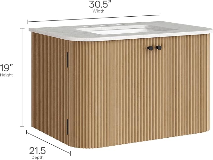 Modway Zia 30 Inch Wall-Mount Bathroom Vanity in Natural with Marble Sink Basin - Floating Bathroom Cabinet with Fluted Design