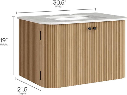 Modway Zia 30 Inch Wall-Mount Bathroom Vanity in Natural with Marble Sink Basin - Floating Bathroom Cabinet with Fluted Design