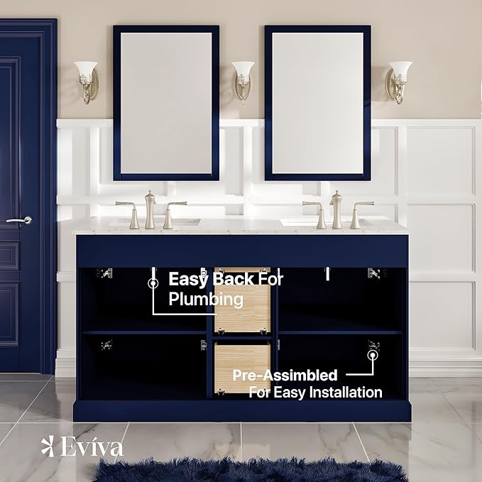 Eviva Epic Blue 60 inch Bathroom Vanity with Sink - Porcelain Round-Bathroom Vanity Double Sink-Solid Wood 60" Vanity Bathroom Sink- Double Vanity Sink Cabinet