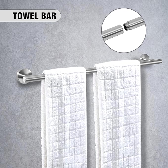 5 Piece Modern Style Wall Mounted Bathroom Hardware Set | #304 Stainless Steel, 24" Towel Bar Mount, Towel Rings, L Shape Toilet Paper Holder, Bathrobe Hook (Brushed Nickel)