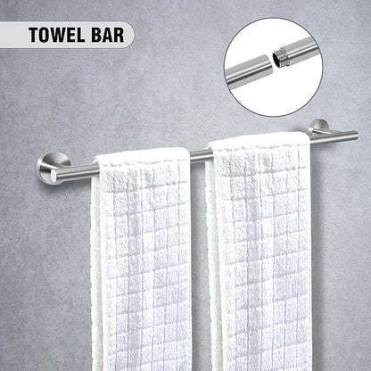 5 Piece Modern Style Wall Mounted Bathroom Hardware Set | #304 Stainless Steel, 24" Towel Bar Mount, Towel Rings, 2 Pillar Toilet Paper Holder, Bathrobe Hook (Brushed Nickel)