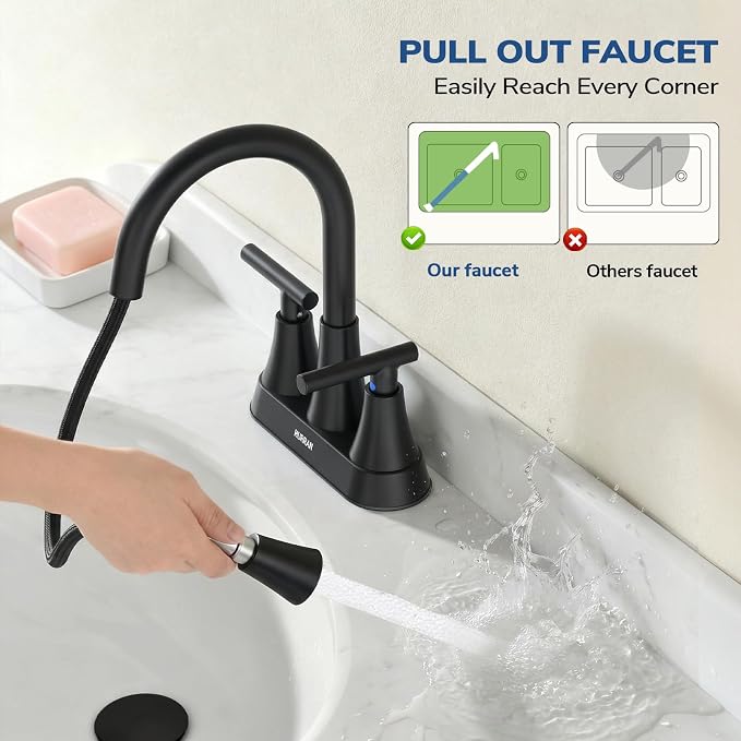 Centerset Bathroom Faucet with Pull Out Sprayer, 4 Inch 2 Handle Sink Faucet with Pop Up Drain, Stainless Steel Vanity Faucet with 2 Supply Hoses, Matte Black