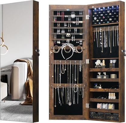 LED Jewelry Cabinet Armoire Organizer,Wall/Door Mount Jewelry Organizer and Storage with Full-Length Mirror Hanging Jewelry Organizer Full Length Mirror with Storage Large Capacity