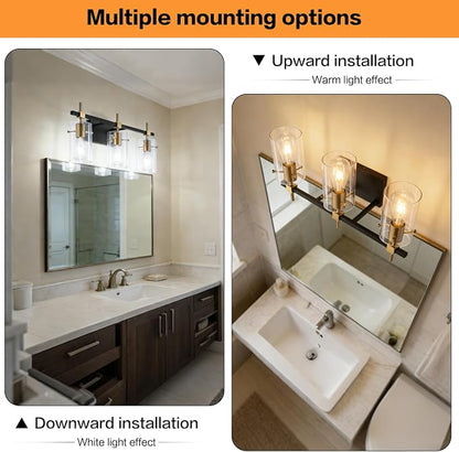 SOLFART Vintage Vanity Lights Bathroom Light Fixture Over Mirror for Bath Glass Shade Light Black and Brass Modern Style 3 Lights