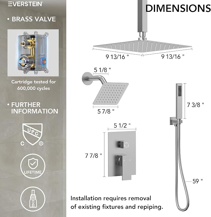 10" High-Pressure Rainfall Shower Faucet, Celling Mount Dual Shower Head System, Brushed Nickel