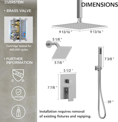 10" High-Pressure Rainfall Shower Faucet, Celling Mount Dual Shower Head System, Brushed Nickel