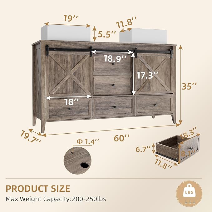 VNN Bathroom Vanity with Sink - 60 Inch Bathroom Vanity Double Sink Ceramic, Freestanding Cabinet with 2 Farmhouse Sliding Barn Doors and 5 Drawers, Space-Saving Storage Cabinet, Grey Wood Grain