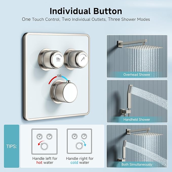 SR SUN RISE 100℉ Thermostatic Shower System,10" Luxury Rainfall Shower Head and High-Pressure Handheld Bathroom Shower Faucet Set,Shower Valve and Trim Kit Included (Brushed Nickel)