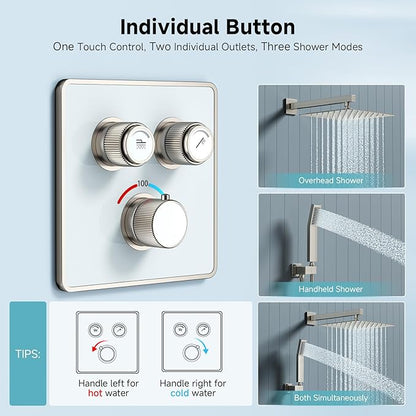 SR SUN RISE 100℉ Thermostatic Shower System,12" Luxury Rainfall Shower Head and High-Pressure Handheld Bathroom Shower Faucet Set,Shower Valve and Trim Kit Included (Brushed Nickel)