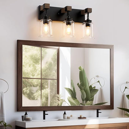 Farmhouse Bathroom Light Fixtures, 3 Light Bathroom Vanity Light, Black Industrial Style with Clear Glass Shades, Wood Bathroom Lighting Fixtures Over Mirror for Bedroom, Living Room