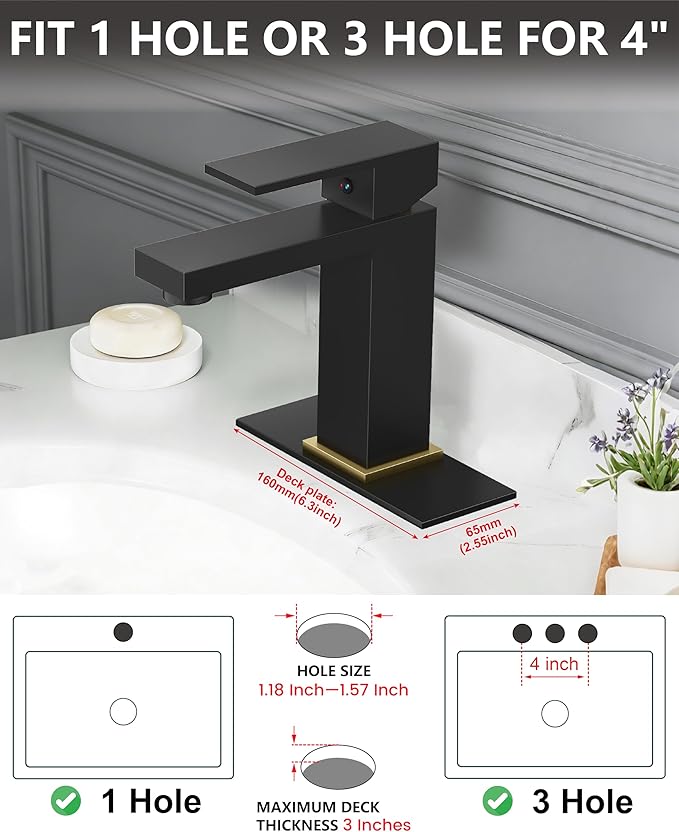 Midanya Bathroom Faucets 1 Hole, Single Handle Stainless Steel Bathroom Sink Faucet, Modern Vanity Faucets with Deck Plate,Water Supply Hoses and Pop Up Drain,Matte Black Handle and Brushed Gold