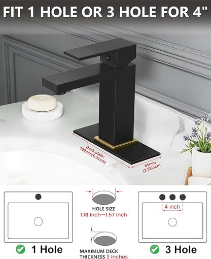 Midanya Bathroom Faucets 1 Hole, Single Handle Stainless Steel Bathroom Sink Faucet, Modern Vanity Faucets with Deck Plate,Water Supply Hoses and Pop Up Drain,Matte Black Handle and Brushed Gold
