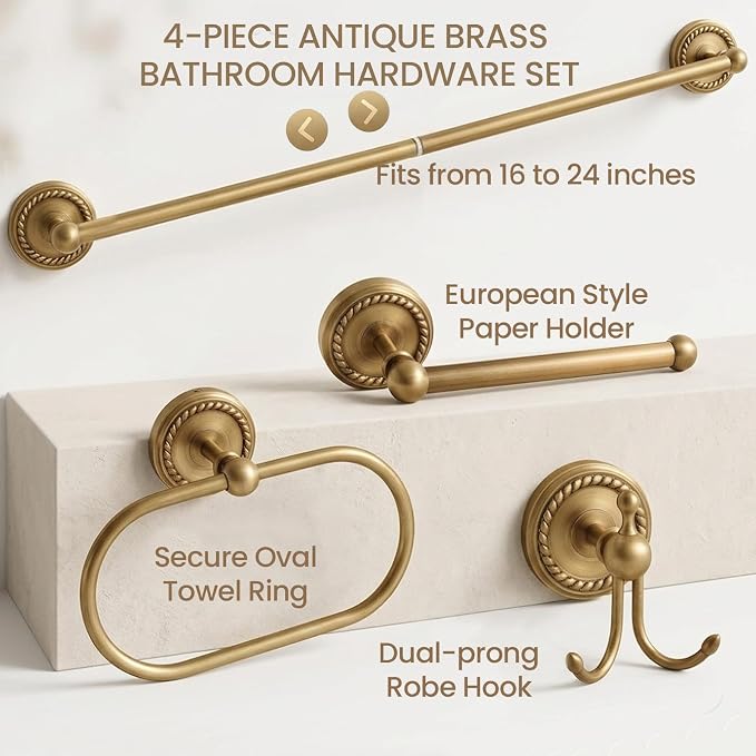 Antique Brass Bathroom Hardware Set 4 Pcs Gold Bathroom Accessories, Vintage Bath Towel Bar Toilet Paper Holder Towel Ring & Double Robe Hook Kit for Shower Room Wall Mounted