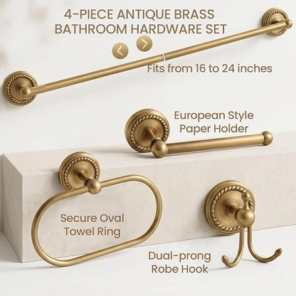 Antique Brass Bathroom Hardware Set 4 Pcs Gold Bathroom Accessories, Vintage Bath Towel Bar Toilet Paper Holder Towel Ring & Double Robe Hook Kit for Shower Room Wall Mounted