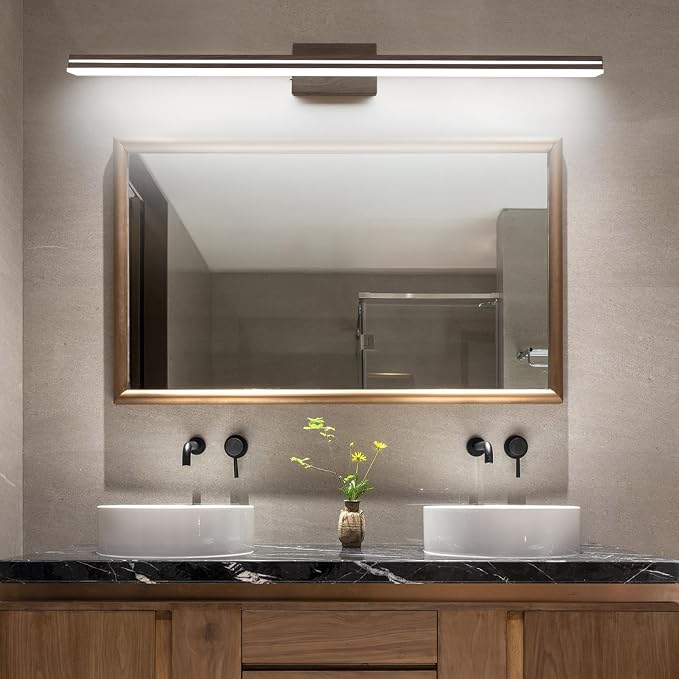 SineRise LED Modern Bathroom Vanity Light Fixtures (48-Inch, 3000K/4000K/6000K, Dimmable), Brown Wood Painted Modern Acrylic Bathroom Wall Lighting Fixtures Over Mirror