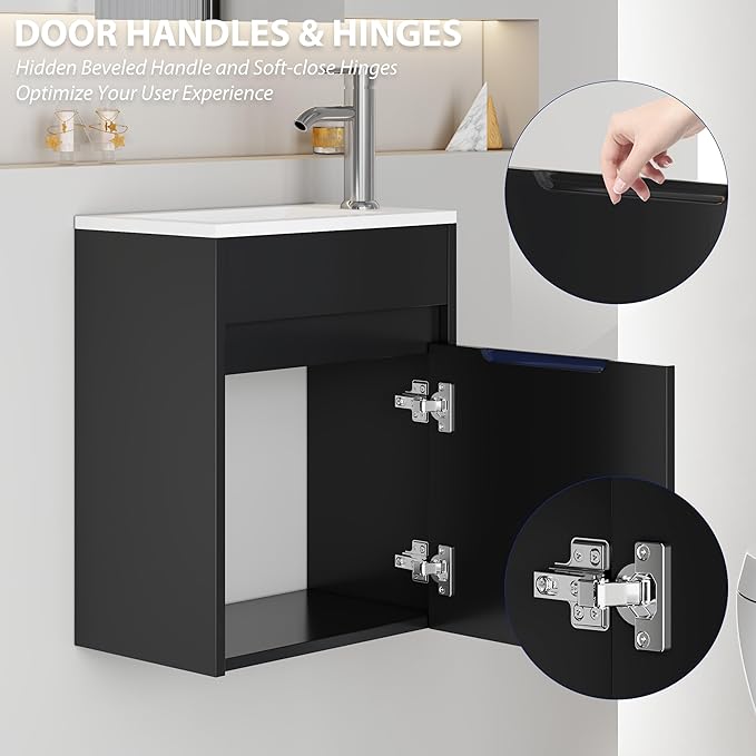eclife 16" Small Bathroom Vanity Sink Combo, Modern Painted Wall Mounted Floating Cabinet W/Decoration Lines, Resin Basin Sink Top, Chrome Water Save Faucet & Pop Up Drain (Piano Black)