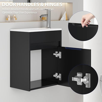 eclife 16" Small Bathroom Vanity Sink Combo, Modern Painted Wall Mounted Floating Cabinet W/Decoration Lines, Resin Basin Sink Top, Chrome Water Save Faucet & Pop Up Drain (Piano Black)