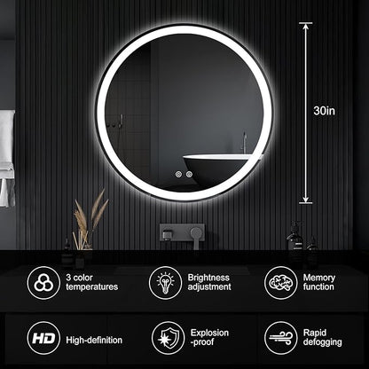 DUMOS 30 Inch Round LED Bathroom Mirror with Lights, Circle Vanity Mirror with Anti-Fog, Dimmable, 3-Color Light, Memory Function, Tempered Glass