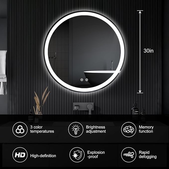 NEWBULIG 30'' Round LED Bathroom Mirror with Lights, Circle Vanity Mirror | Anti-Fog, Dimmable, 3-Color Light, Front Light and Backlit, Memory Function, Tempered Glass