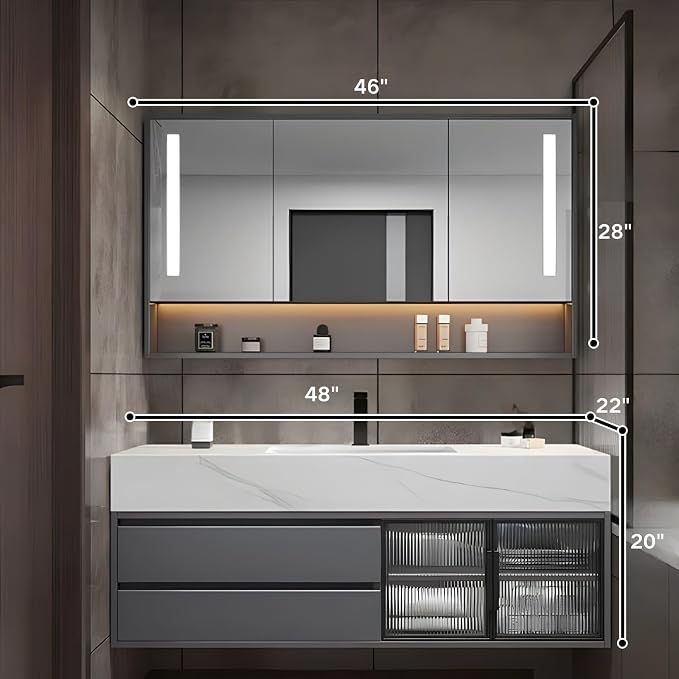 48" Floating Bathroom Vanity,Bathroom Vanity with Sink Set Includes Open LED Smart Defog Mirror Cabinet, Modern Bath Vanity with Drawers,Wall-Mounted Bathroom Vanities,Dark Grey