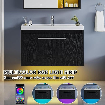 4ever2buy 31" Floating Bathroom Vanity with Sink, Modern Black Bathroom Vanity with LED Light, Wall Mounted Sink Cabinet with 2 Doors, Black