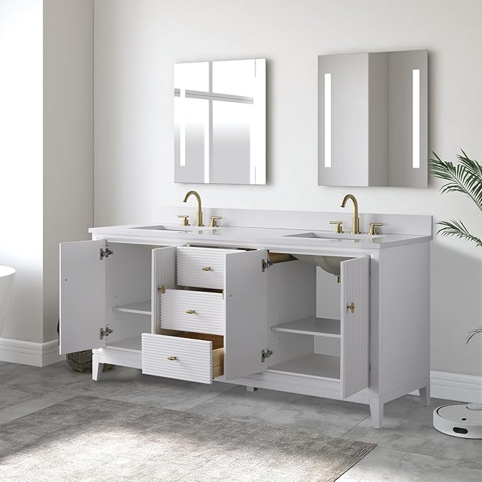 Vanity Art 72" Bathroom Vanity with Double Sink & Arabescato White Engineered Stone Top, Vanity Cabinet with Soft Closing Door, Solid Wood Frame, Golden Brushed Handles, White VA8172D-W-GB