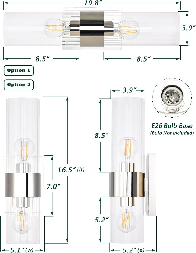 Modern Bathroom Sconces Wall Lighting with Clear Ribbed Glass, Polished Nickel 2-Light Bathroom Vanity Light Fixtures for Mirror Living Room Hallway Bedroom