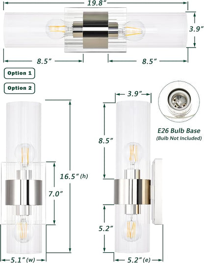Modern Bathroom Sconces Wall Lighting with Clear Ribbed Glass, Polished Nickel 2-Light Bathroom Vanity Light Fixtures for Mirror Living Room Hallway Bedroom